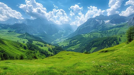 Naklejka premium The Enchanting Allure of the Lush Green Valleys in the Swiss Alps during Summer