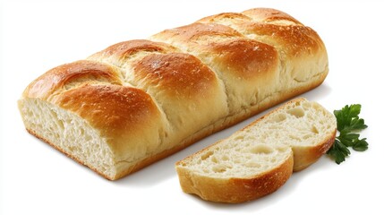 Freshly Baked Braided Bread Loaf with Slice and Green Garnish