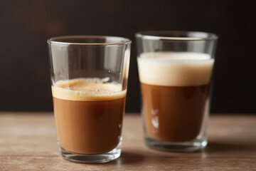 Rich coffee drinks in clear glasses, showcasing layers and textures