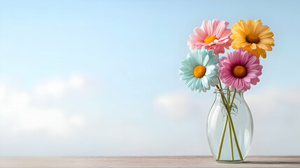 Pastel daisies in glass vase, sky background, spring