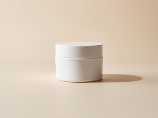 blank white skincare jar on beige background