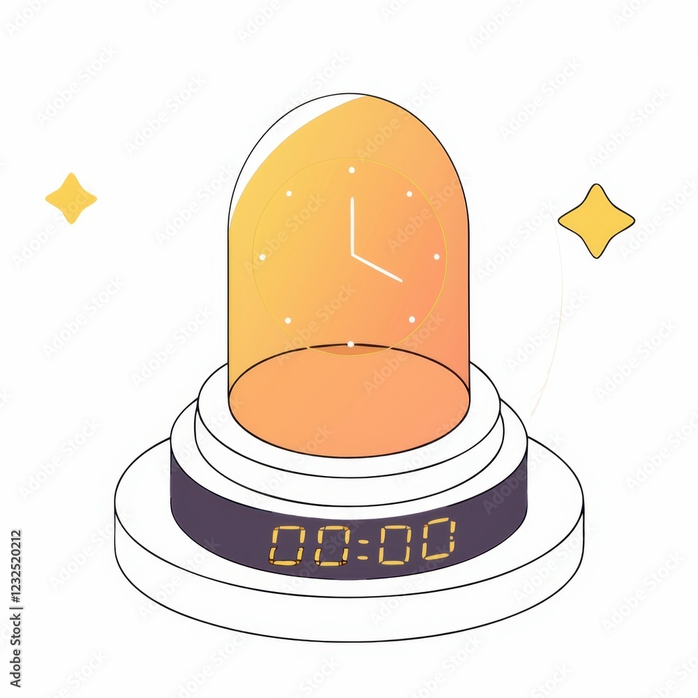 Poster a modern digital timer in a dome, featuring an orange glow and a clear display, symbolizing time man