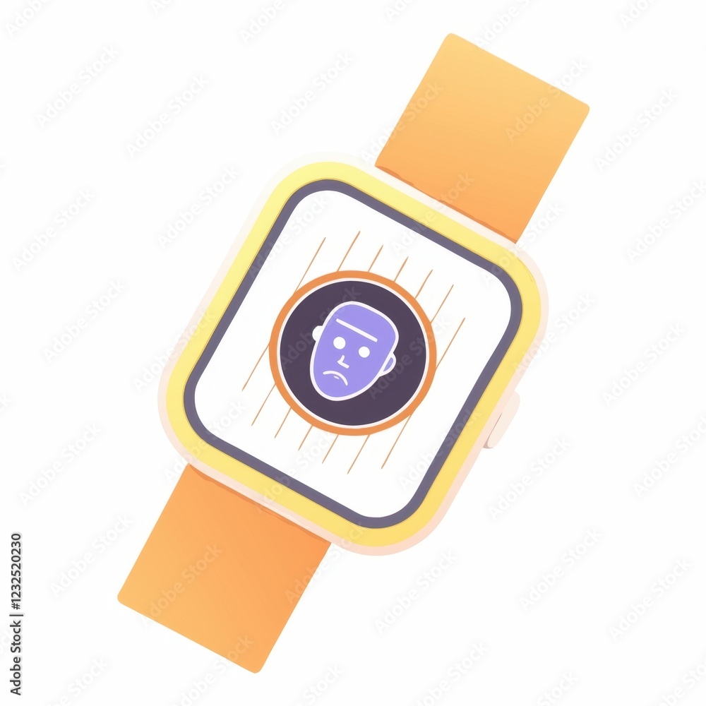 Aufkleber a colorful smartwatch displaying a stylized sad face on its screen, featuring a rounded design and a