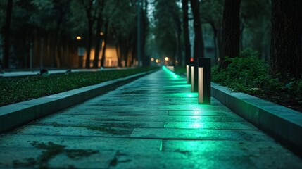 Bioluminescent algae lights illuminate ecofriendly city streets at night