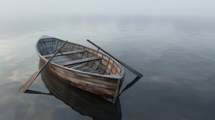 Quiet wooden boat floating on calm water in early morning mist with serene reflections on a peaceful lake