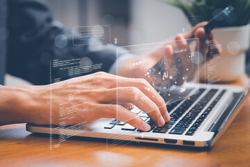 AI Artificial Intelligence. Business woman using AI technology for data analysis, coding computer...