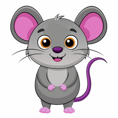  Cute Cartoon Mouse Big Round Eyes Gray Fur Pink Ears Smiling Expression