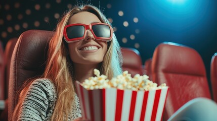 Obraz premium Cinema background. Young woman sitting in movie theater with funny oversized 3D glasses and holding bucket of popcorn and watching a movie in 3D