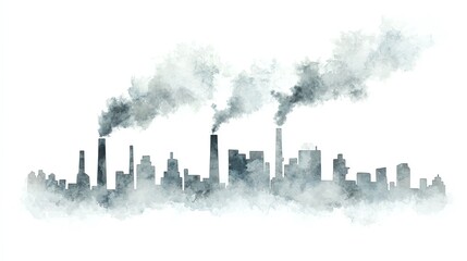 Fototapeta premium A watercolor illustration of a city skyline, depicting smoke billowing from industrial buildings, highlighting urban pollution and environmental impact.