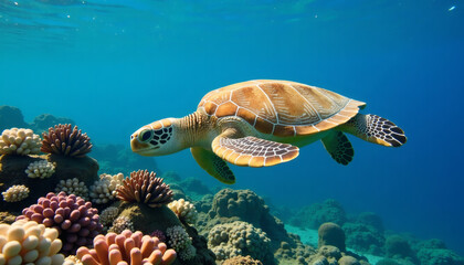 Obraz premium Sea Turtle Swimming Coral Reef