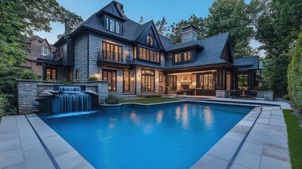 Luxurious house, pool, nightfall, backyard oasis, real estate