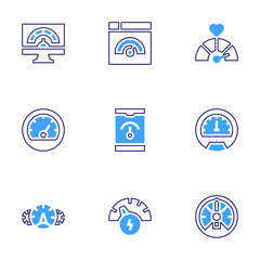 Speedometer icon set. Bold line style. Duotone colors. Editable stroke. speedometer, gauge, meter