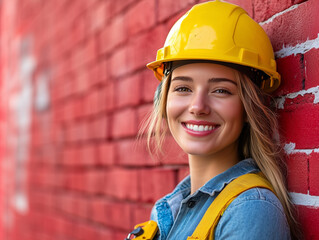 A female architect, worker, or engineer with a yellow hard hat at the construction site