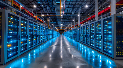 Large Data Center with Multiple Servers, Cryptocurrency Mining Farm, IT Technology and Financial Investment
