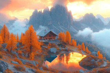 Sunrise over Federa Lake presents a breathtaking view. The autumn landscape of the Dolomites features Lago di Federa and vibrant orange larches near Cortina D'Ampezzo, South Tyrol, Italy