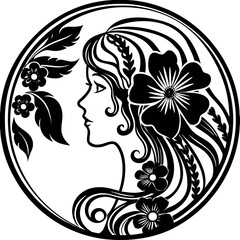 A set of beautiful girl silhouette with flower.