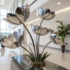 Surreal floral sculpture made of polished silver petals.