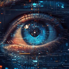 Close-Up of Human Eye with Futuristic Digital Overlay and Technology
