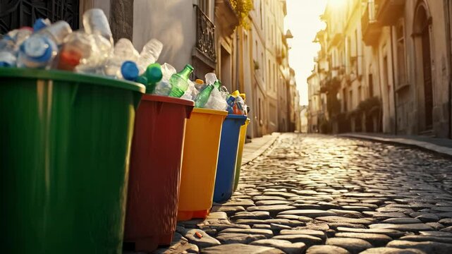 Overflowing recycling bins stand on a cobblestone street, highlighting the increasing need for effective waste management and sustainable practices