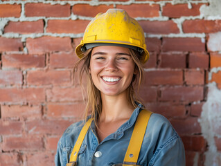 A female architect, worker, or engineer with a yellow hard hat at the construction site