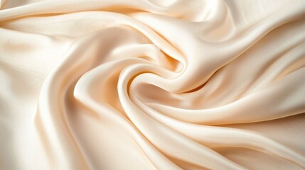 Obraz premium Beige cotton texture ripple background. Top view of pastel silk fabric luxury backdrop. Abstract crumpled textile waves. Elegant wallpaper design for cosmetics and beauty industry