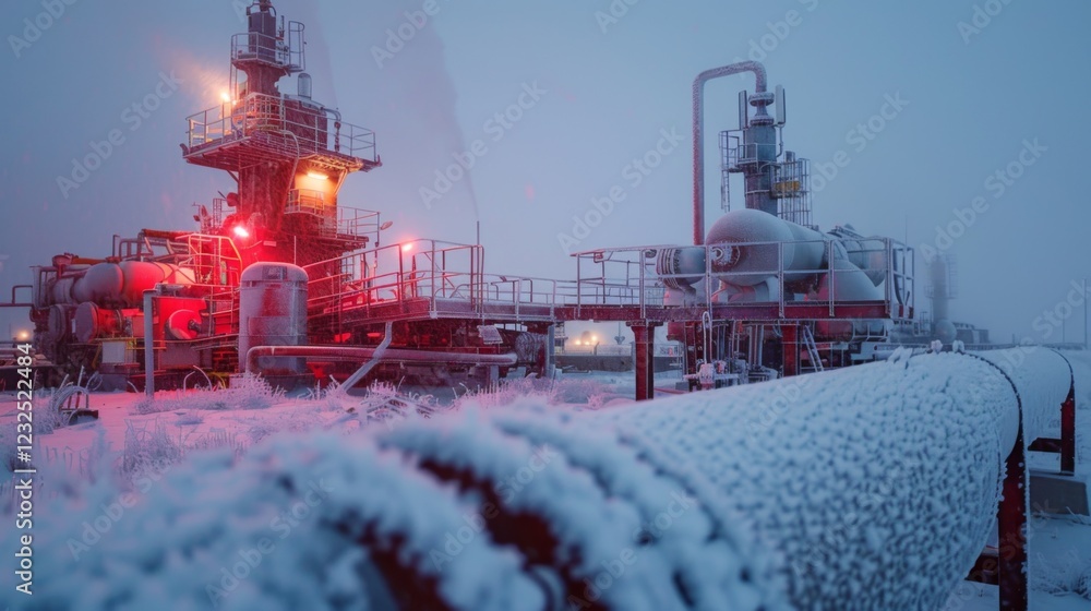 Poster frost blankets a pipeline leading to an oil extraction facility illuminated by red lights in a chill