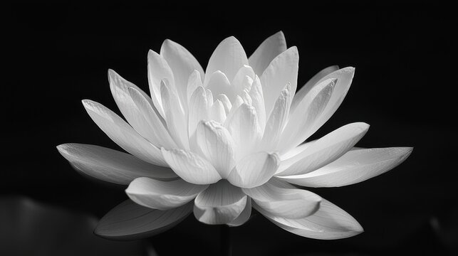 Elegant white lotus flower floats serenely on still water reflecting beauty in monochrome background
