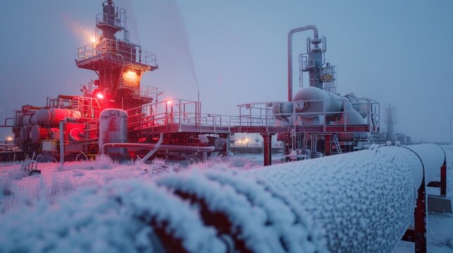 Frost blankets a pipeline leading to an oil extraction facility illuminated by red lights in a chilling winter environment at dusk, highlighting industrial activity in harsh weather.