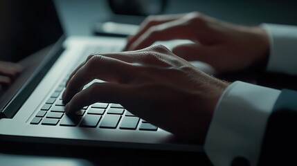 Man hands typing on laptop keyboard. Manager, finance, lawyer working on notebook in office. Business, technology, network, communication, internet, online concept