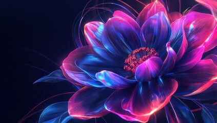 Vivid abstract flowers with glowing neon lines and textures, creating a futuristic and luminous floral design on a dark background.