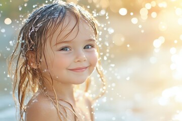 Smiling child enjoys playful moments in shimmering water during a sunny afternoon