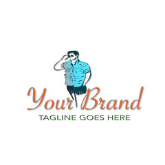 The image features a stylish and modern logo design with an artistic sketch of a man wearing sunglasses and a casual button-up shirt. The figure is drawn with a textured, hand-drawn effect, giving it 