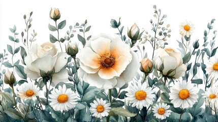 Obraz premium Charming watercolor painting of roses and daisies with a minimalist feel. Generative AI