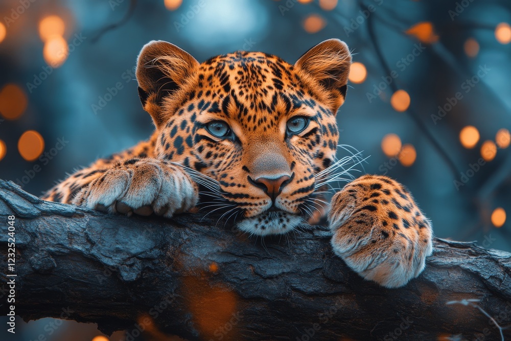 Poster leopard resting on a tree branch in a serene environment with a magical bokeh background in the even