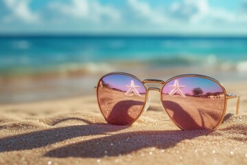 Sunglasses on sandy beach reflect sky and ocean at a tropical destination during midday