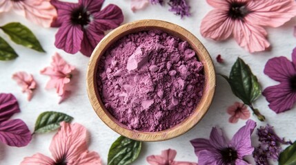 Pink clay powder bowl, floral backdrop, beauty product