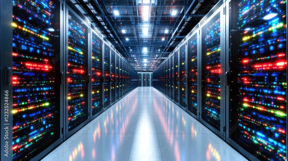 Poster high-tech data center with servers illuminating the corridor in vibrant colors