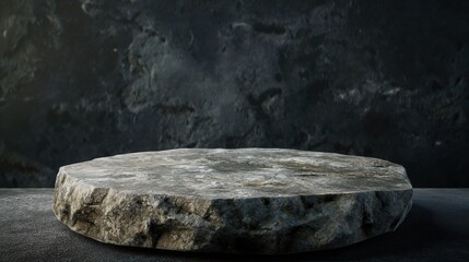 Stone podium background. Rock stand product display. Natural black marble pedestal on dark wall for product placement. Modern minimal cosmetic design. Fashion beauty industry