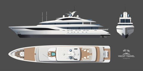 Isolated yacht drawing. Side, front and top views of private ship. Luxury boat 3d blueprint. Cruise motorboat industrial art. Ocean sail