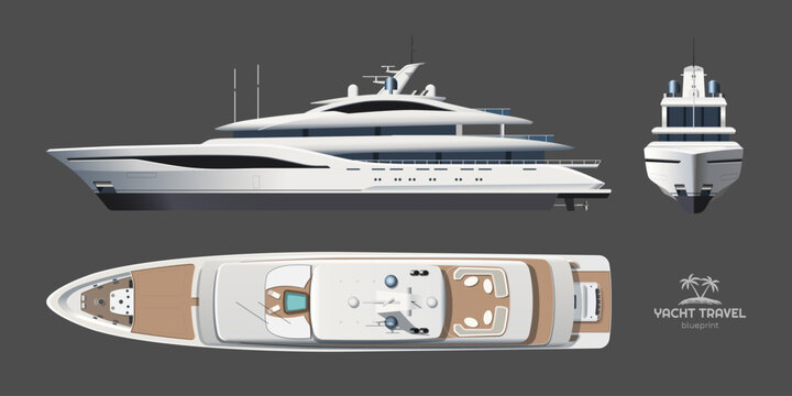Isolated yacht drawing. Side, front and top views of private ship. Luxury boat 3d blueprint. Cruise motorboat industrial art. Ocean sail