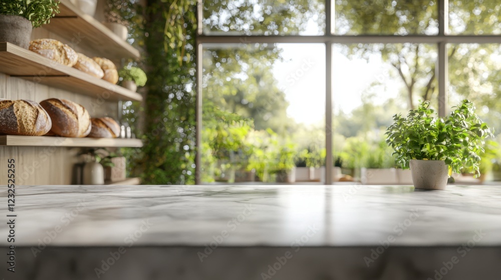 Poster empty stone marble table top in blurred bakery background. blank nature textured rock desktop for pr