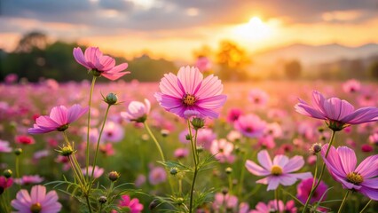 Fototapeta premium cosmos flower field at dawn, garden, plants, garden, plants, nature, fields, green, wildflower field,beautiful, meadow