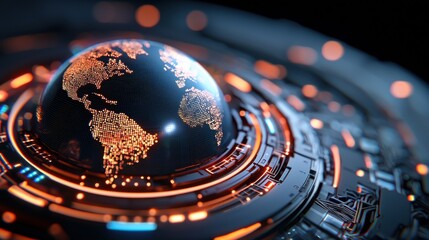 Illuminated and abstract global technology visualization with digital world map glowing network connections and futuristic digital energy design  Represents modern communication innovation