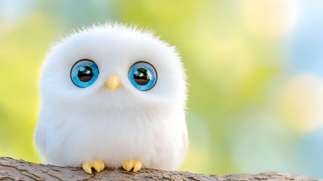 Cute fluffy owl perched on branch, spring bokeh