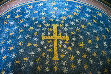 Ancient Byzantine Mosaic with Golden Cross and Stars