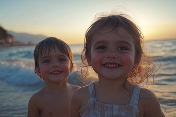Siblings enjoying a sunny beach day at sunset with playful waves and smiles