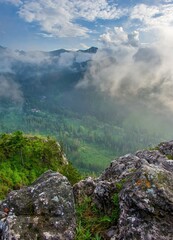 Nosal mountain in Kuznice near Zakopane. Mountain landscape with stony rocks, sunny summer day. View from the mountain Nosal, Tatry, Poland. Beautiful green forests. 