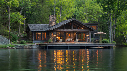 Obraz premium Rustic Lakeside Cabin Retreat in a Serene Forest Setting with Warm Interior Lights