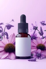 A minimalistic stock illustration featuring a brown glass dropper bottle surrounded by pink and purple flowers on a pastel background