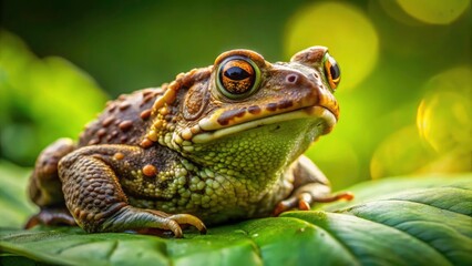 Obraz premium A stunning green toad, captured in breathtaking macro detail, inhabits a magical forest scene.